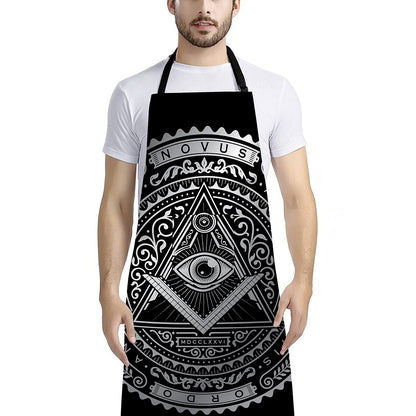 Silver And Black All Seeing Eye Print Bib Apron With Pocket