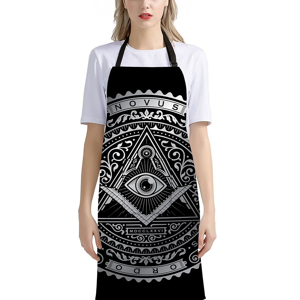 Silver And Black All Seeing Eye Print Bib Apron With Pocket