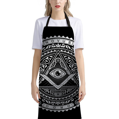 Silver And Black All Seeing Eye Print Bib Apron With Pocket