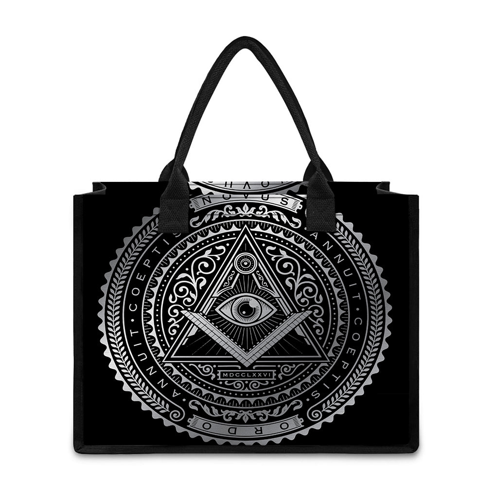 Silver And Black All Seeing Eye Print Canvas Tote Bag