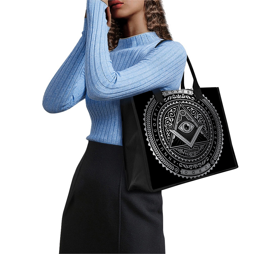 Silver And Black All Seeing Eye Print Canvas Tote Bag