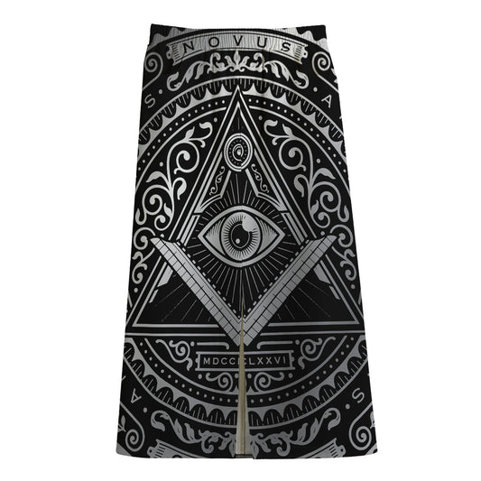 Silver And Black All Seeing Eye Print Cotton Front Slit Maxi Skirt