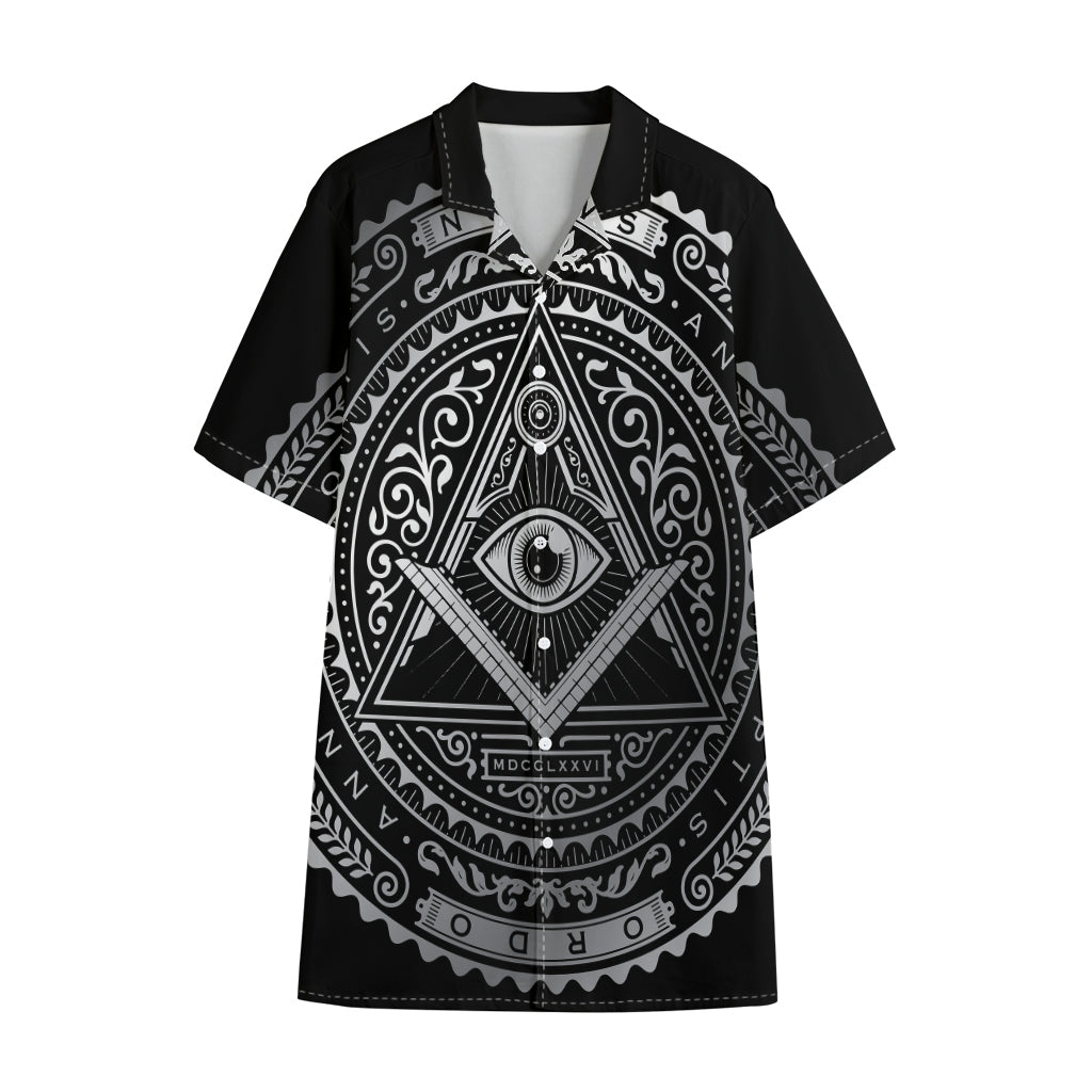 Silver And Black All Seeing Eye Print Cotton Hawaiian Shirt