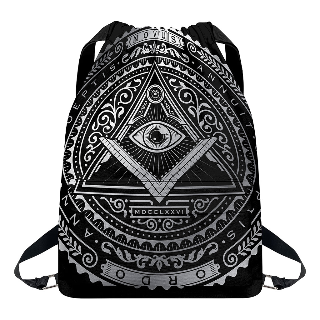 Silver And Black All Seeing Eye Print Drawstring Backpack