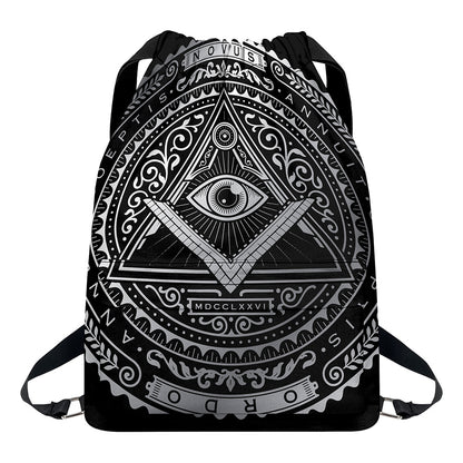 Silver And Black All Seeing Eye Print Drawstring Backpack