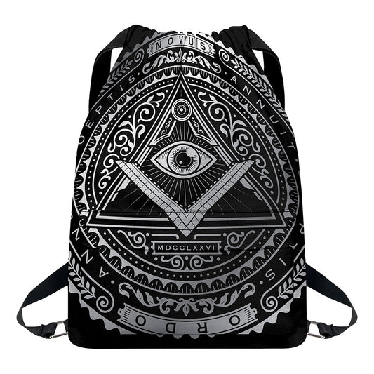 Silver And Black All Seeing Eye Print Drawstring Backpack