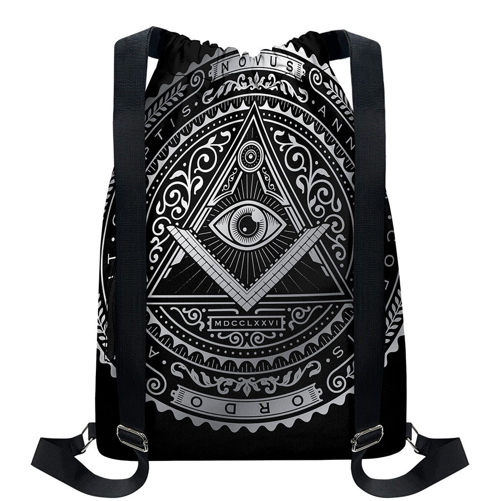 Silver And Black All Seeing Eye Print Drawstring Backpack