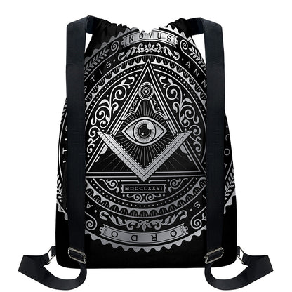 Silver And Black All Seeing Eye Print Drawstring Backpack