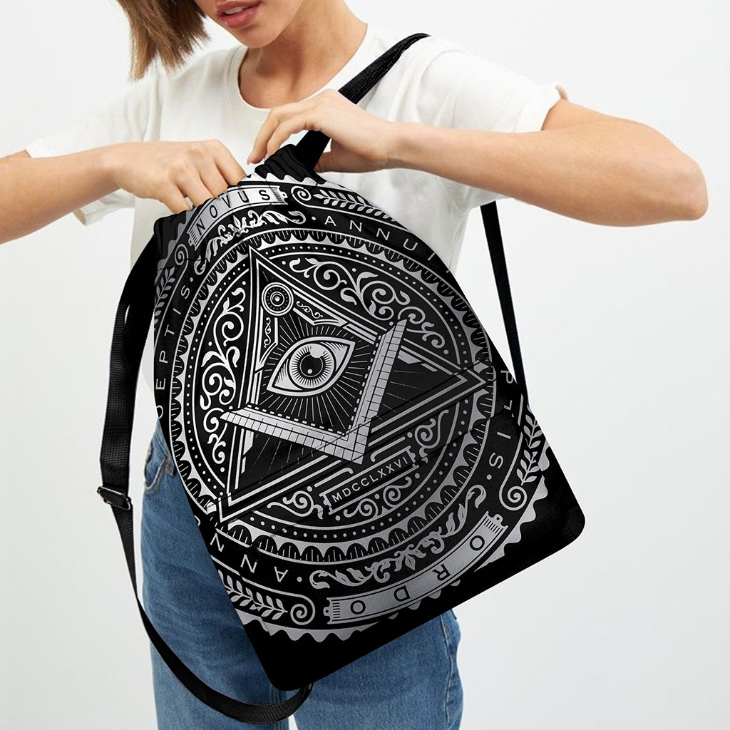 Silver And Black All Seeing Eye Print Drawstring Backpack