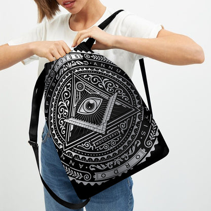 Silver And Black All Seeing Eye Print Drawstring Backpack