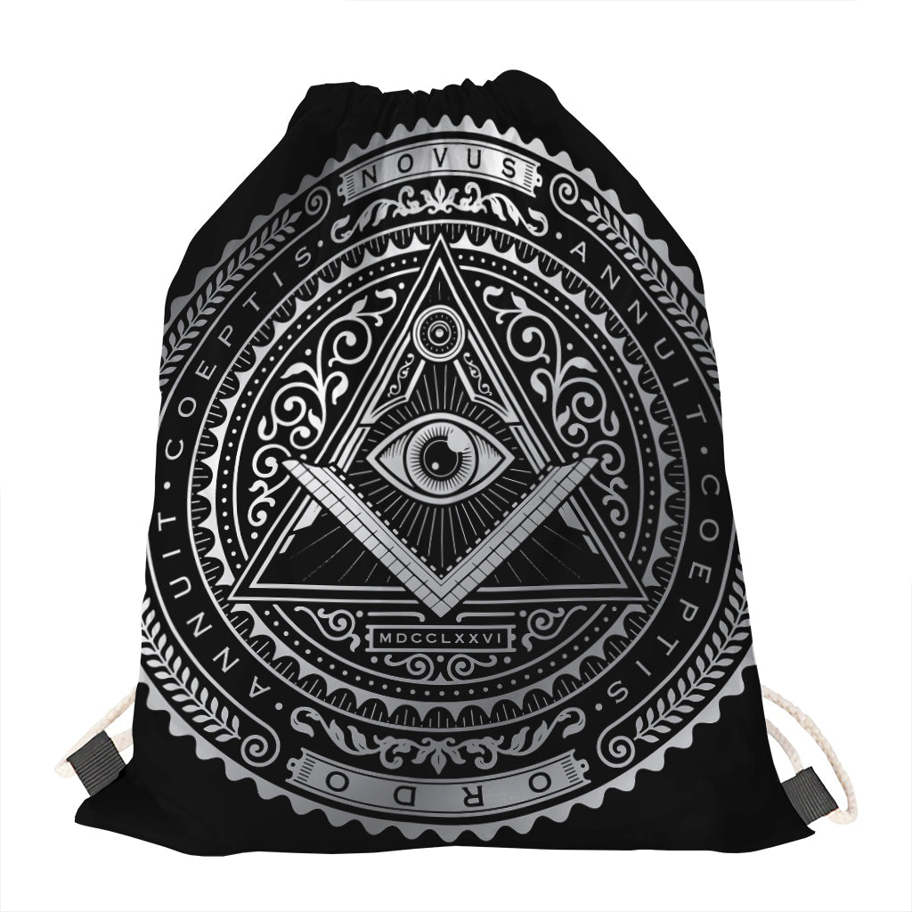 Silver And Black All Seeing Eye Print Drawstring Bag