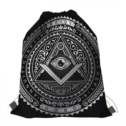Silver And Black All Seeing Eye Print Drawstring Bag