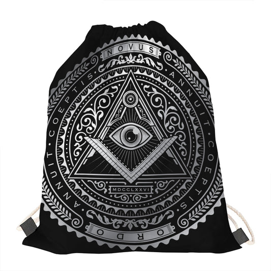 Silver And Black All Seeing Eye Print Drawstring Bag