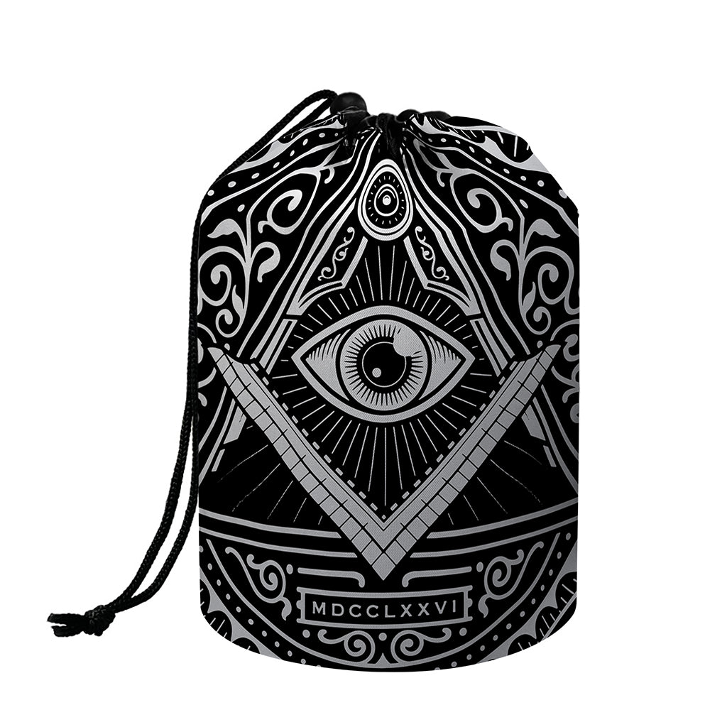 Silver And Black All Seeing Eye Print Drawstring Makeup Bag