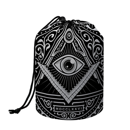 Silver And Black All Seeing Eye Print Drawstring Makeup Bag