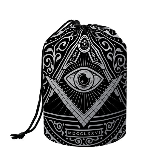 Silver And Black All Seeing Eye Print Drawstring Makeup Bag