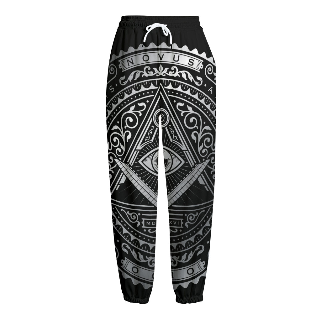 Silver And Black All Seeing Eye Print Fleece Lined Knit Pants