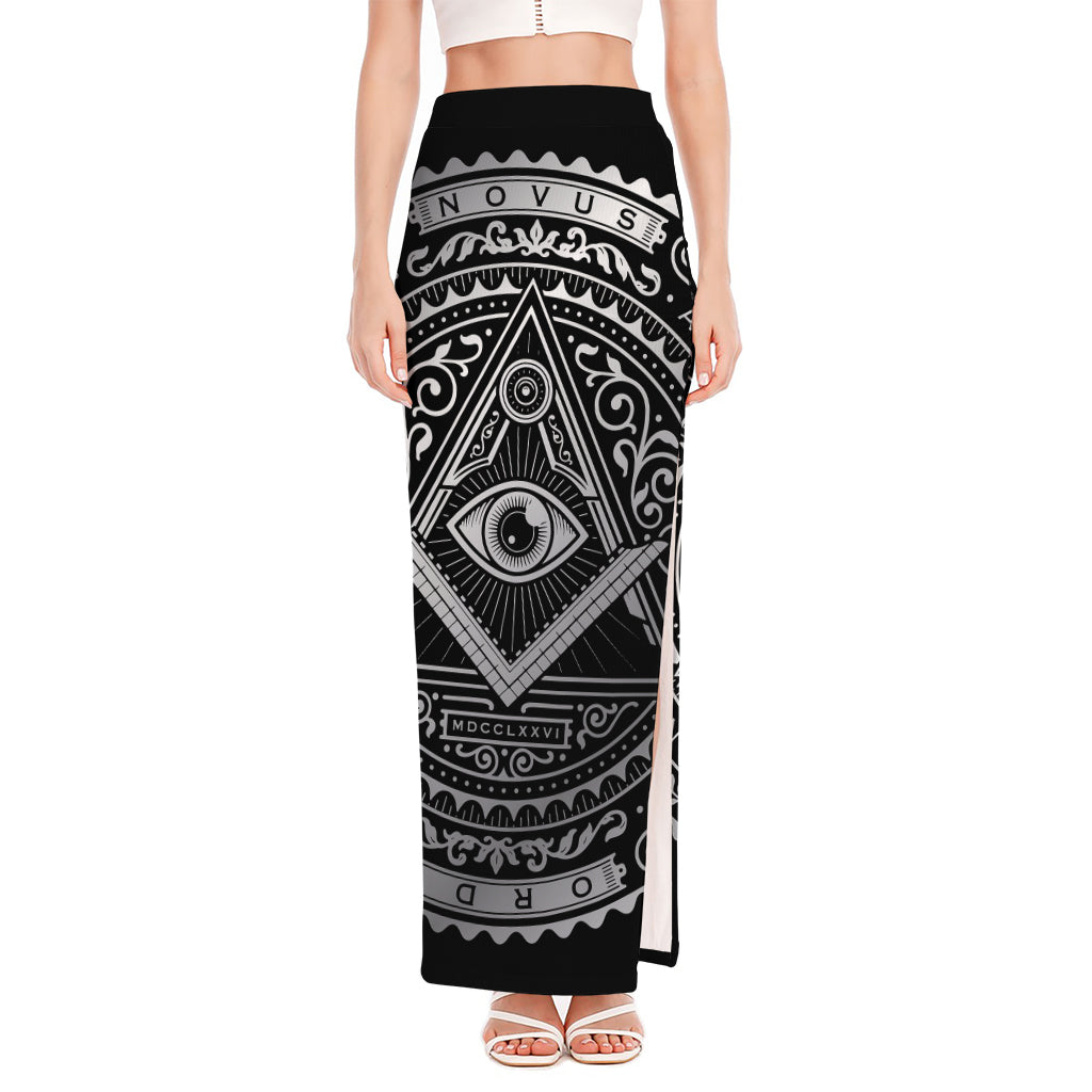 Silver And Black All Seeing Eye Print High Slit Maxi Skirt