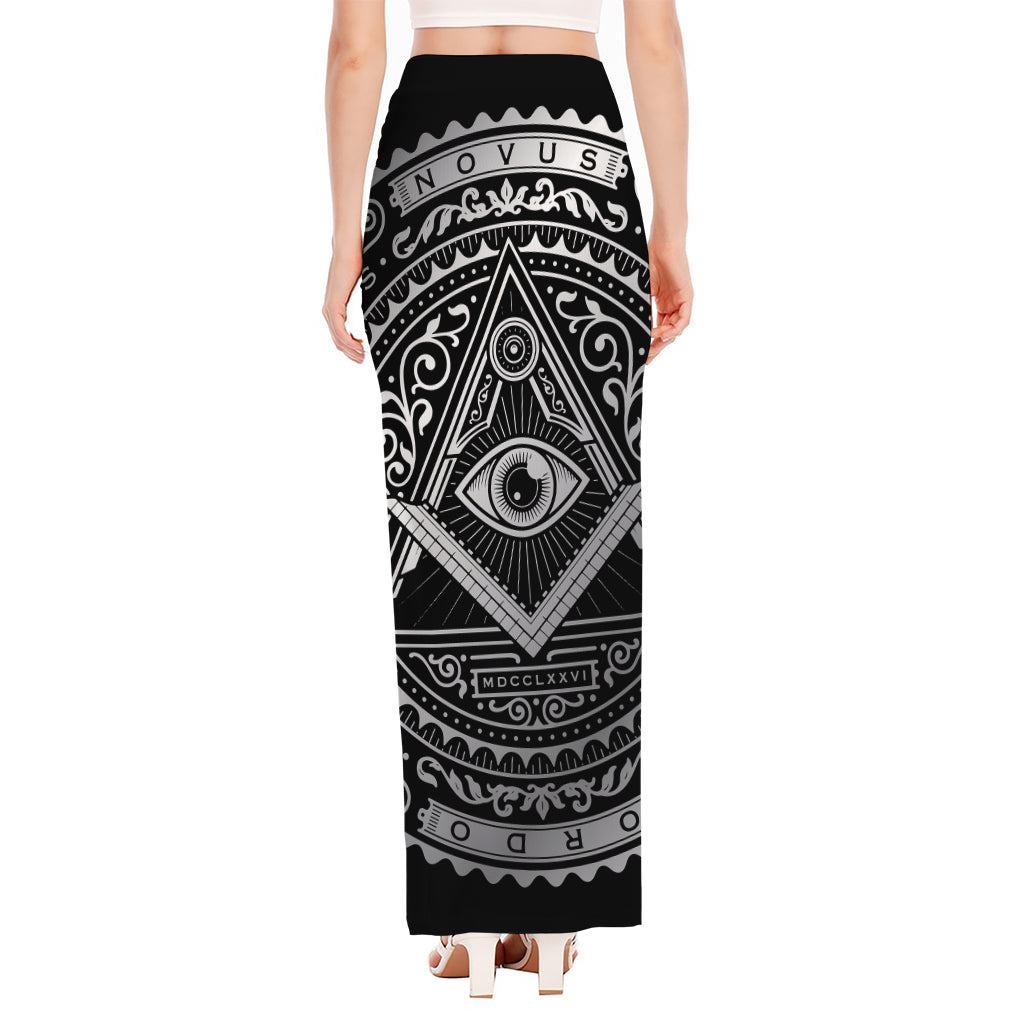 Silver And Black All Seeing Eye Print High Slit Maxi Skirt