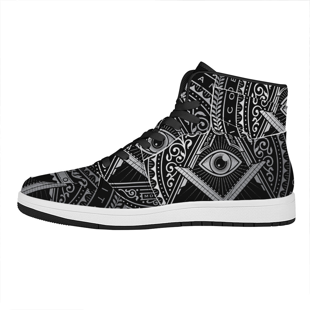 Silver And Black All Seeing Eye Print High Top Leather Sneakers