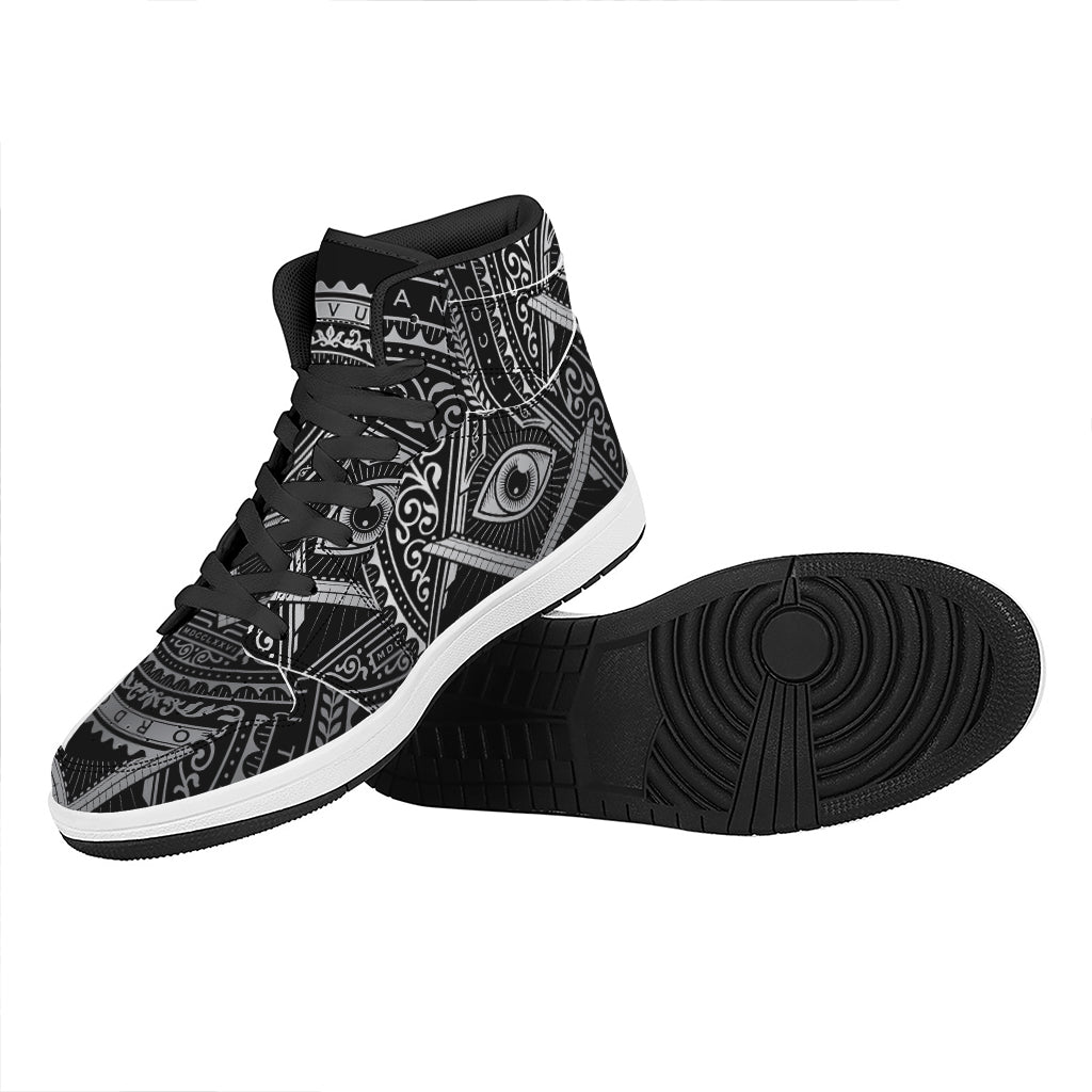 Silver And Black All Seeing Eye Print High Top Leather Sneakers