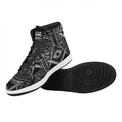 Silver And Black All Seeing Eye Print High Top Leather Sneakers