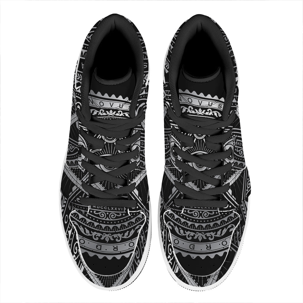 Silver And Black All Seeing Eye Print High Top Leather Sneakers