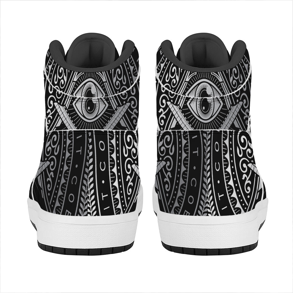 Silver And Black All Seeing Eye Print High Top Leather Sneakers