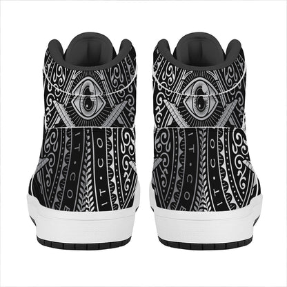 Silver And Black All Seeing Eye Print High Top Leather Sneakers