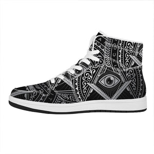 Silver And Black All Seeing Eye Print High Top Leather Sneakers