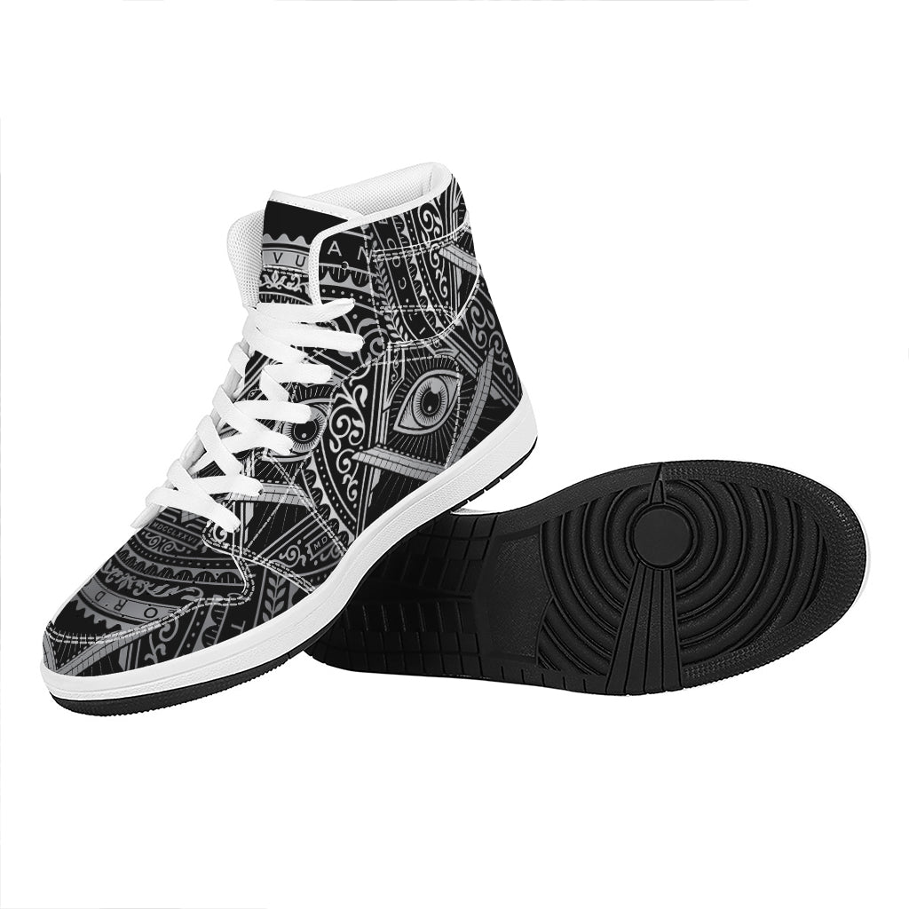 Silver And Black All Seeing Eye Print High Top Leather Sneakers