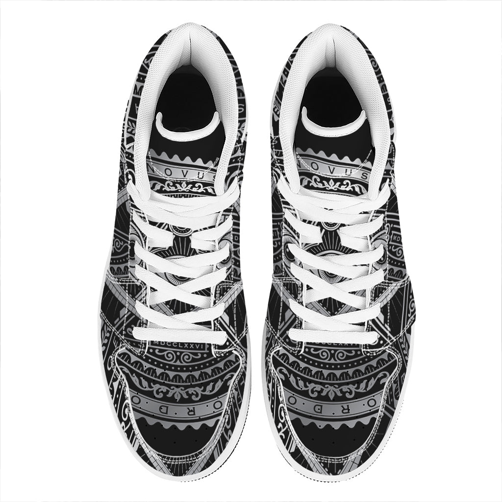 Silver And Black All Seeing Eye Print High Top Leather Sneakers