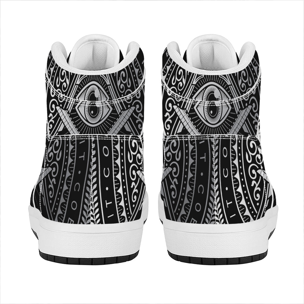 Silver And Black All Seeing Eye Print High Top Leather Sneakers