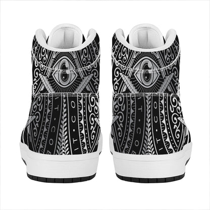 Silver And Black All Seeing Eye Print High Top Leather Sneakers