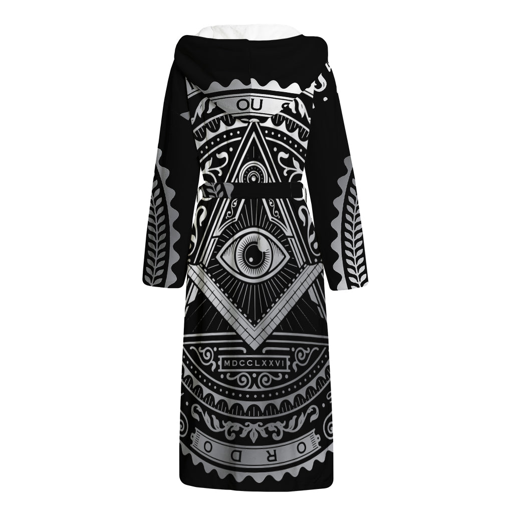 Silver And Black All Seeing Eye Print Hooded Bathrobe