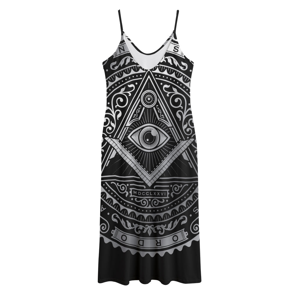 Silver And Black All Seeing Eye Print Jersey Midi Cami Dress