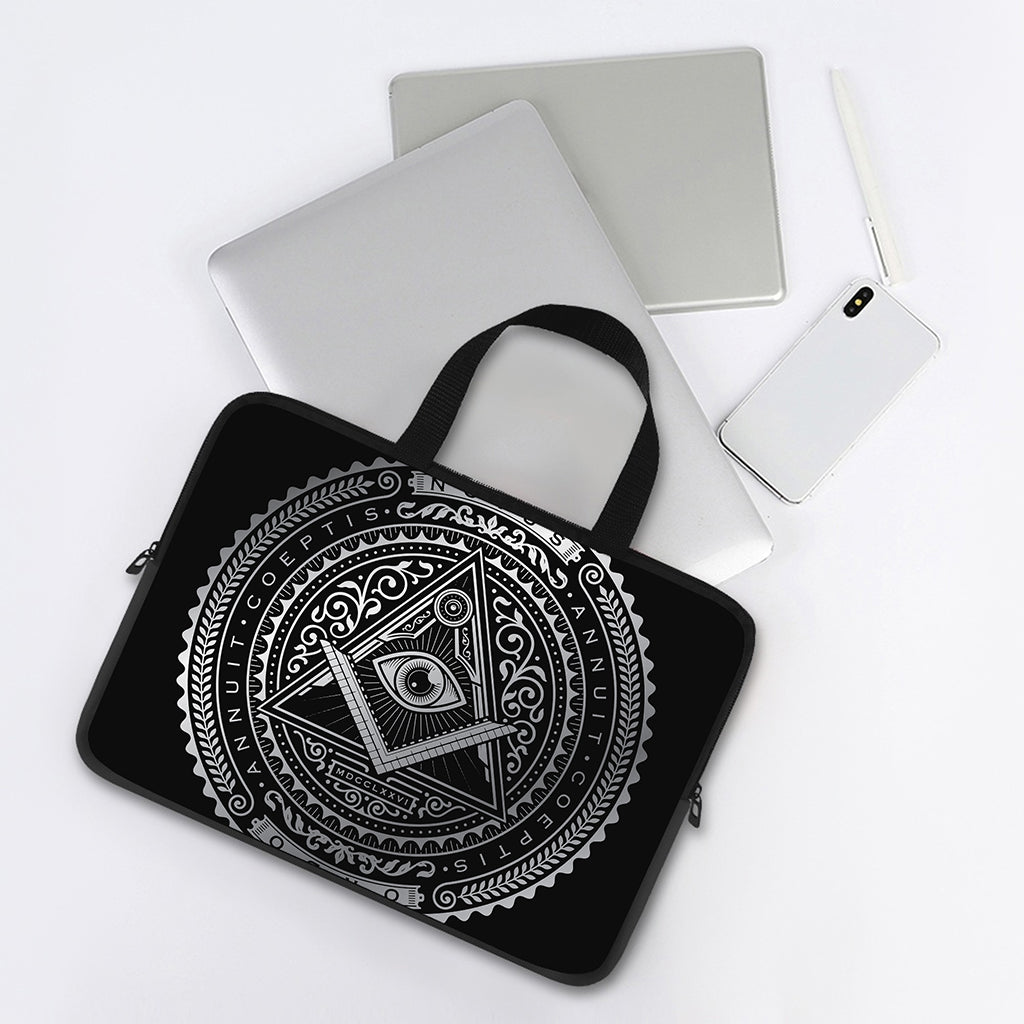 Silver And Black All Seeing Eye Print Laptop Sleeve With Handle