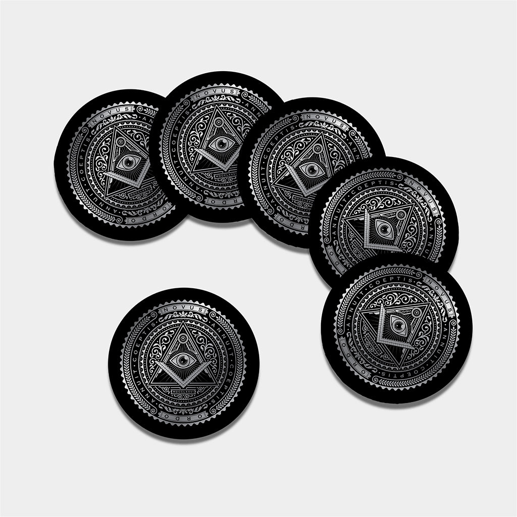 Silver And Black All Seeing Eye Print Leather Coaster Set
