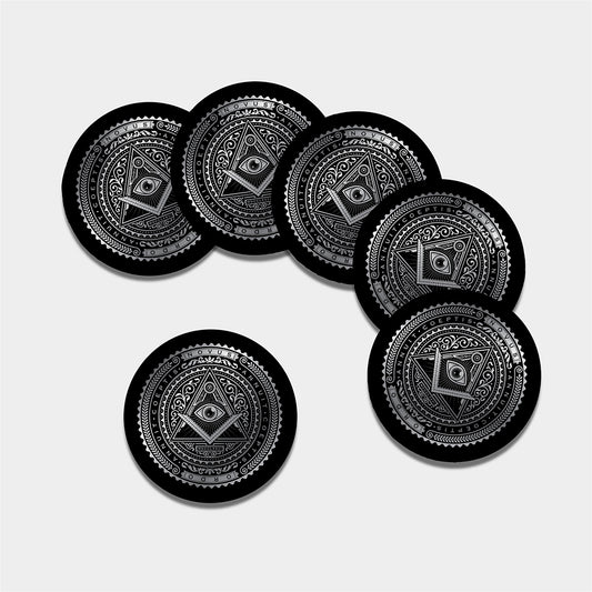 Silver And Black All Seeing Eye Print Leather Coaster Set