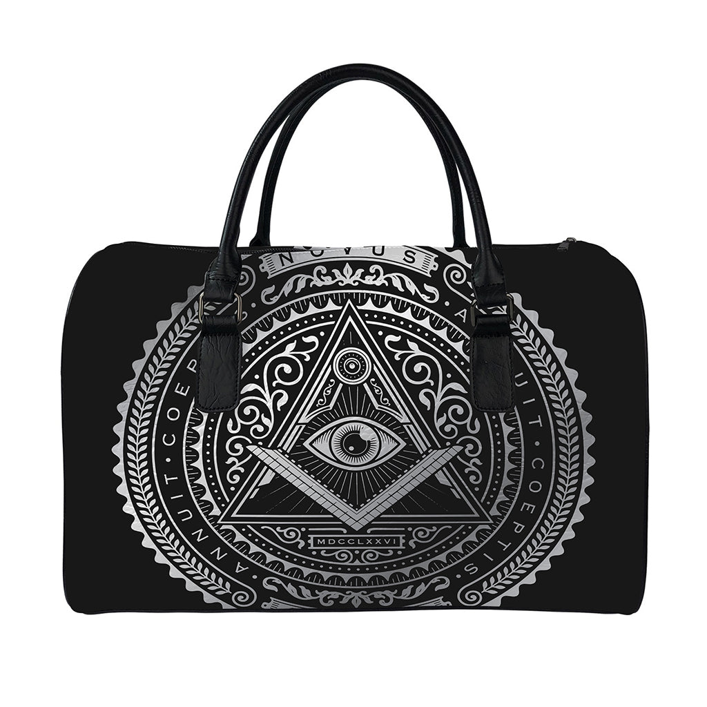 Silver And Black All Seeing Eye Print Leather Duffle Bag