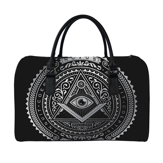 Silver And Black All Seeing Eye Print Leather Duffle Bag