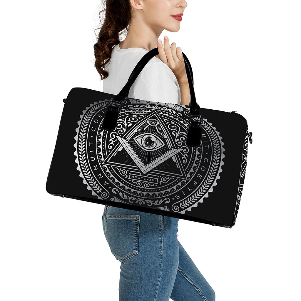 Silver And Black All Seeing Eye Print Leather Duffle Bag