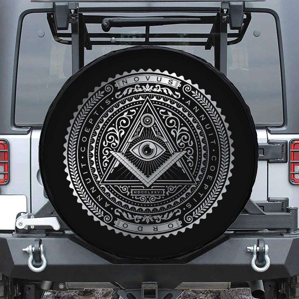 Silver And Black All Seeing Eye Print Leather Spare Tire Cover