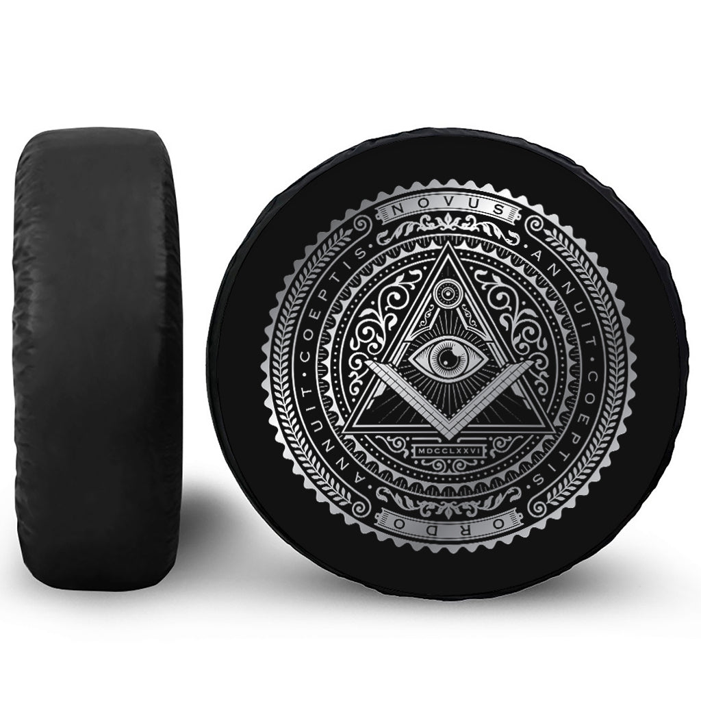 Silver And Black All Seeing Eye Print Leather Spare Tire Cover