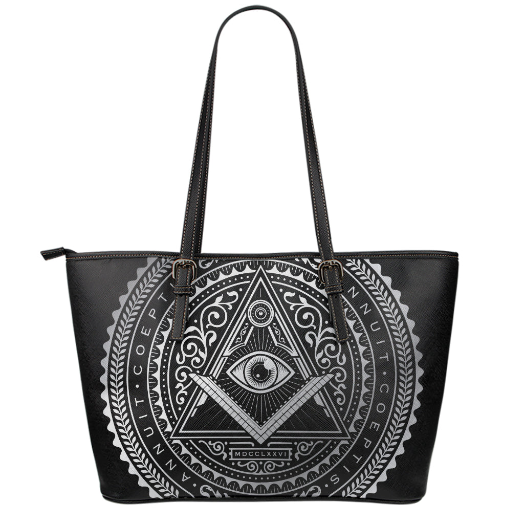 Silver And Black All Seeing Eye Print Leather Tote Bag