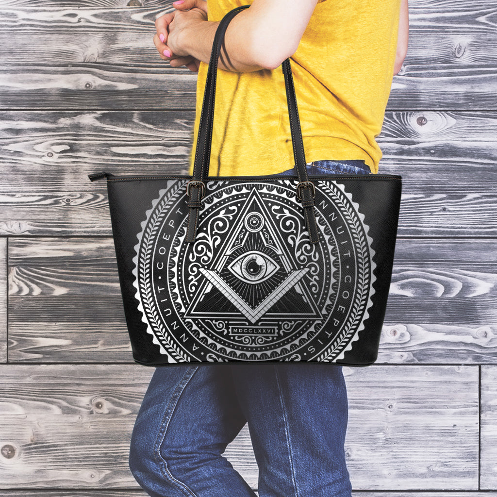 Silver And Black All Seeing Eye Print Leather Tote Bag