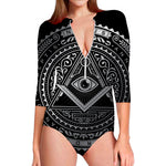 Silver And Black All Seeing Eye Print Long Sleeve Swimsuit