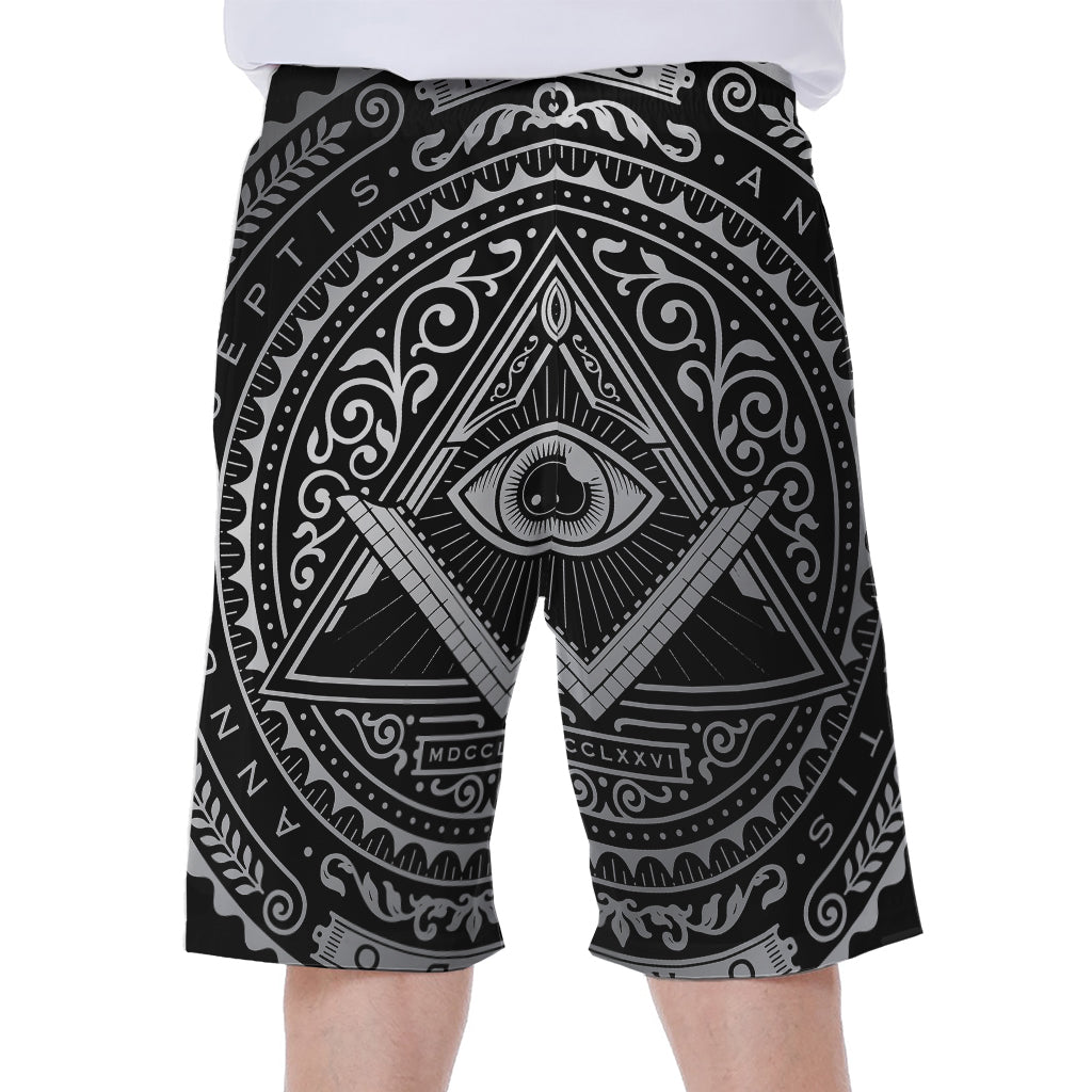 Silver And Black All Seeing Eye Print Men's Beach Shorts