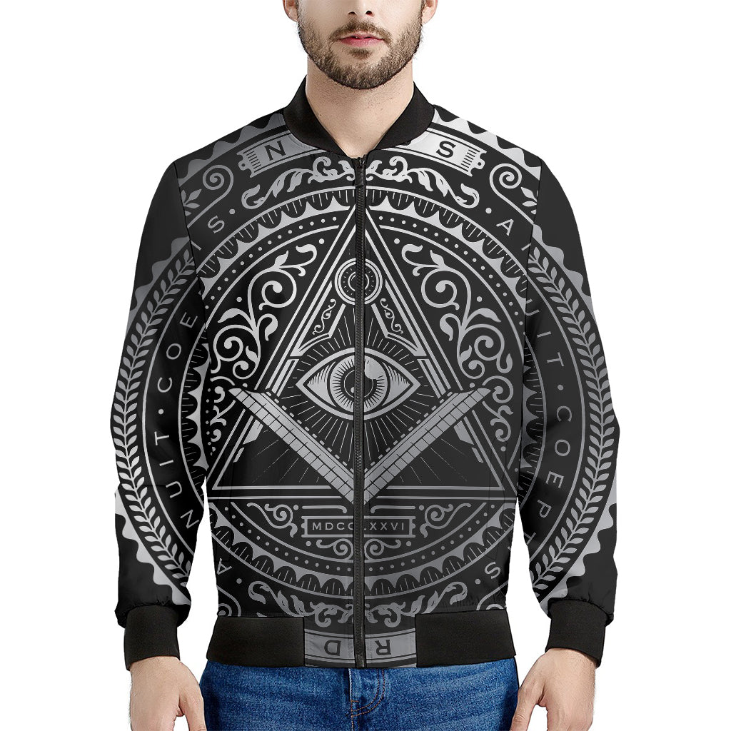 Silver And Black All Seeing Eye Print Men's Bomber Jacket