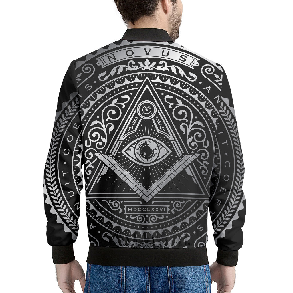 Silver And Black All Seeing Eye Print Men's Bomber Jacket